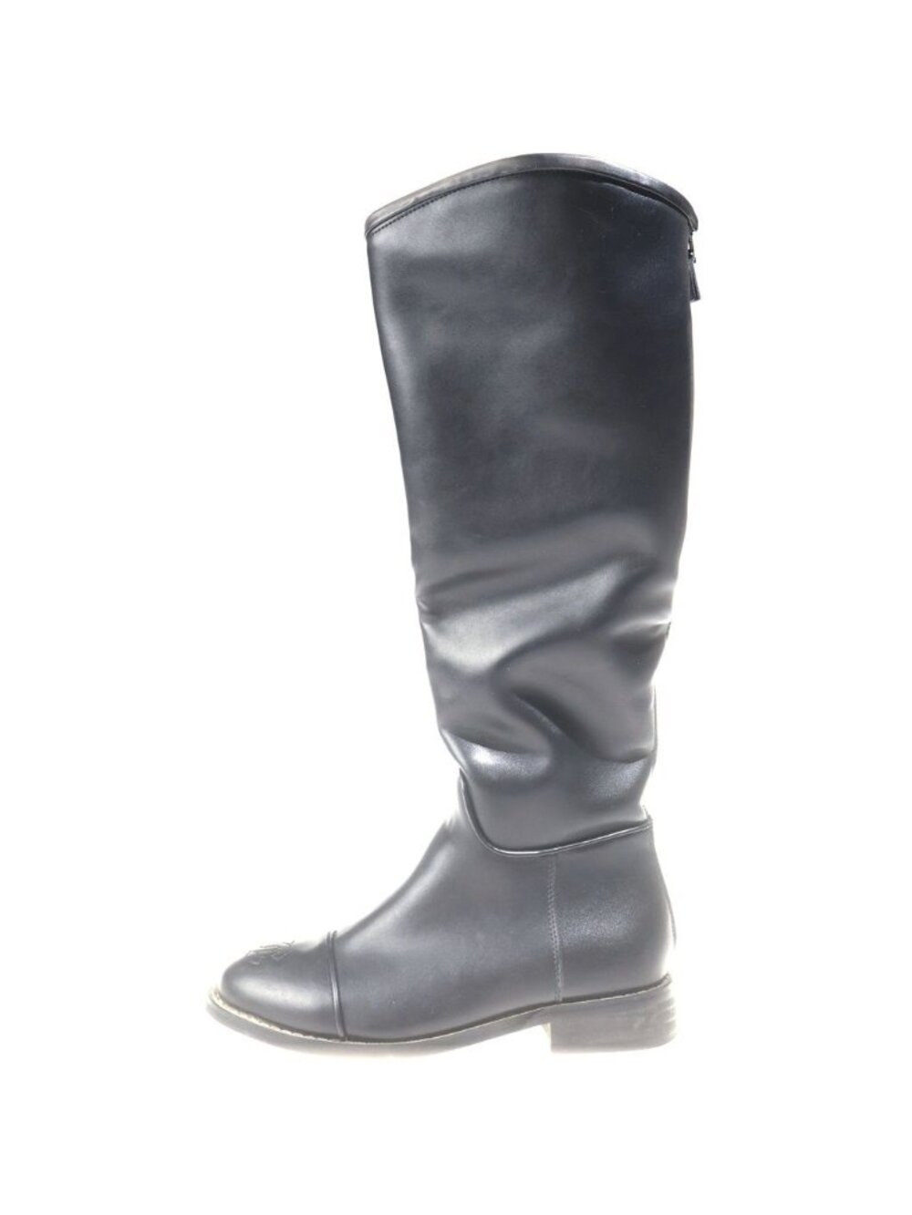 Chanel CC Logo Back Zip Leather Long Boots Black